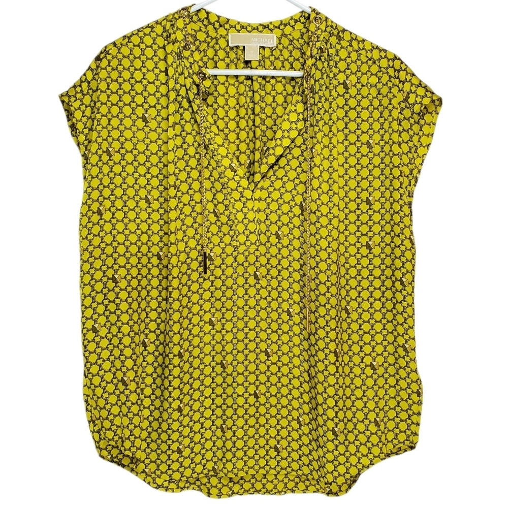 2451 * Michael Kors Chain Print Blouse Chain Tie Yellow Black Print Size M